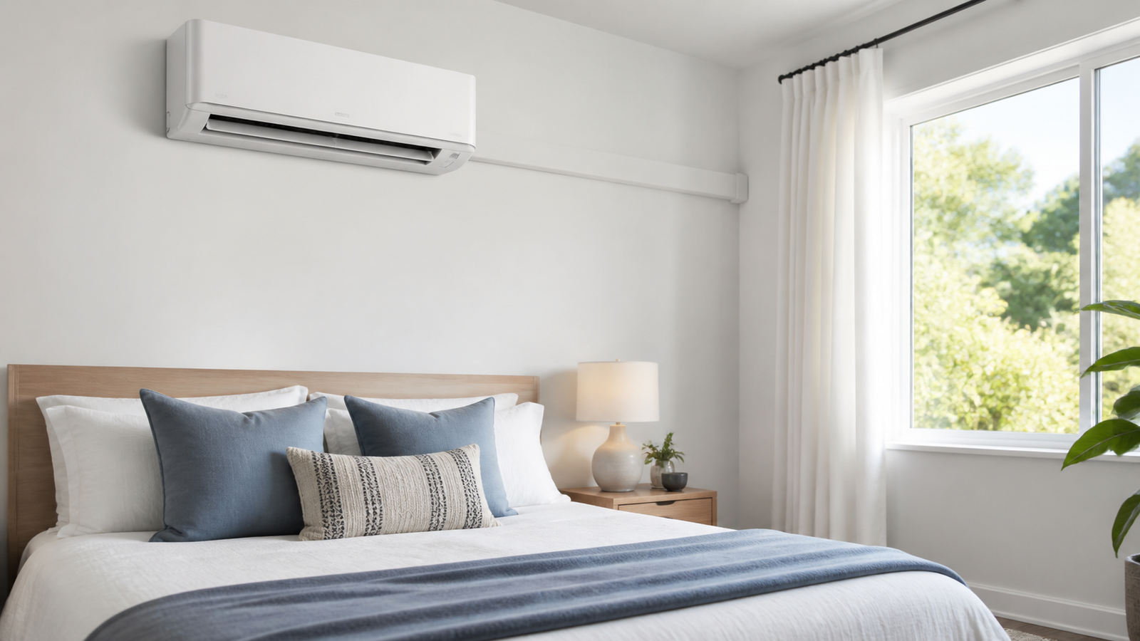 Generic illustration of a white wall-mounted room air conditioner in a bedroom.